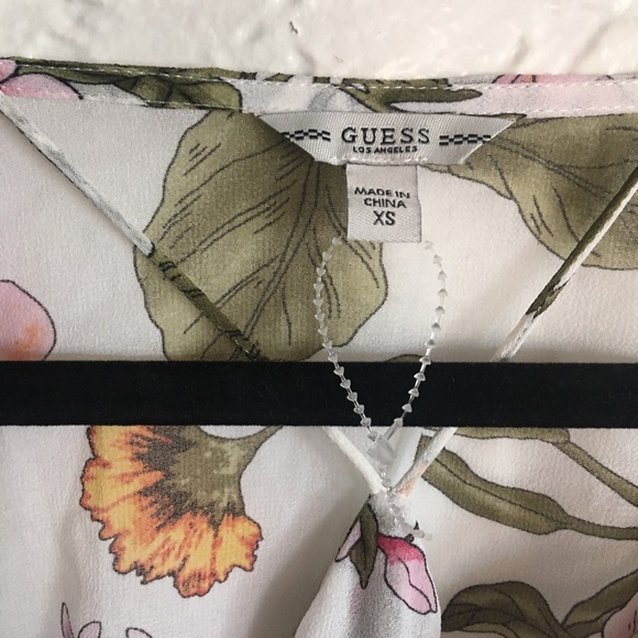 Guess white pink Floral sheer fairy sleeve peplum top shirt Extra Small XS 0 2 4 - Picture 7 of 11